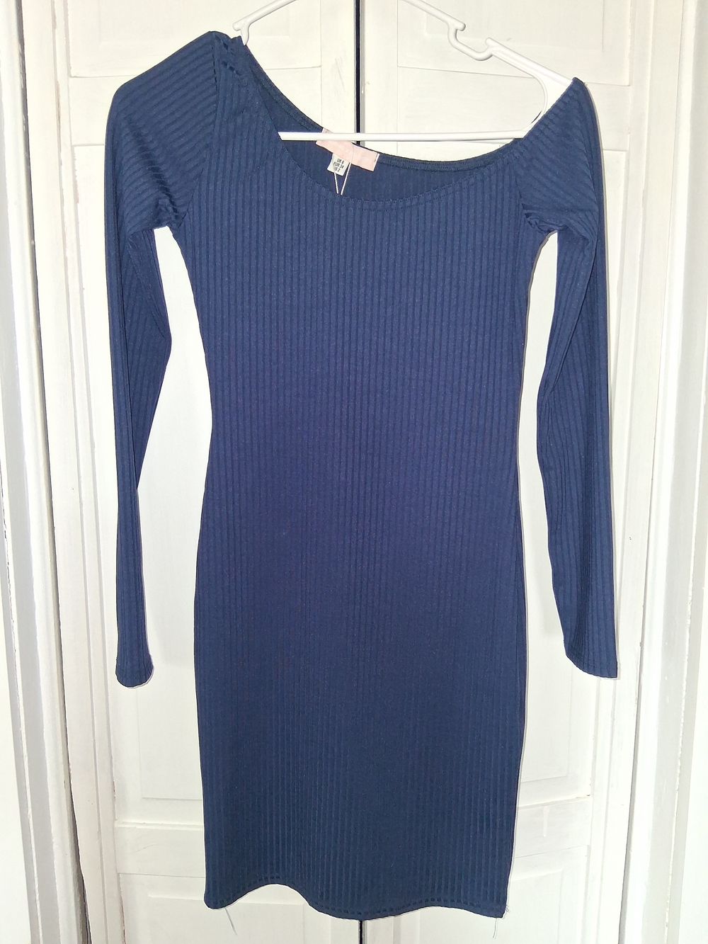 Missguided Navy Ribbed Long Sleeve Bodycon One-shoulder Dress